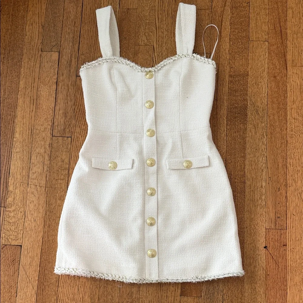 Rebecca Vallance White Tweed Mini Dress with Gold Buttons - Picture 1 of 1